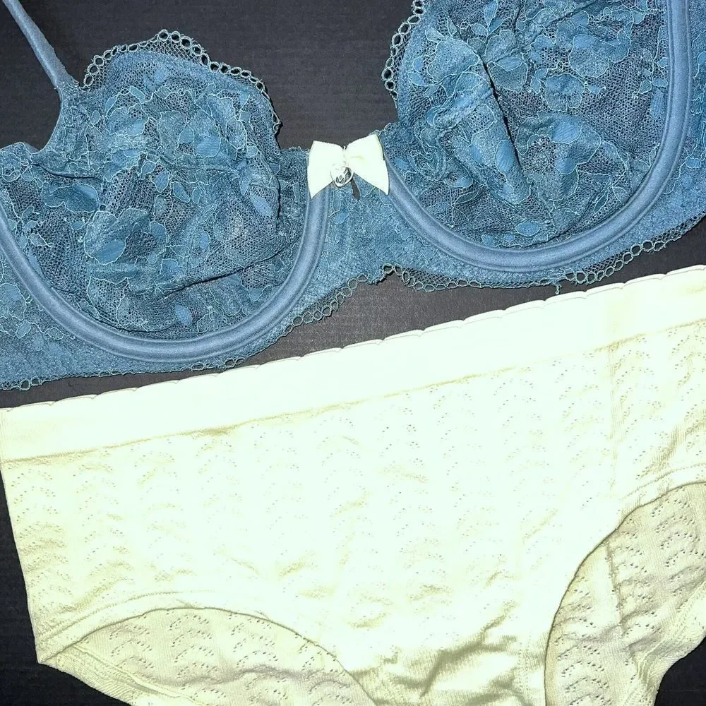 NWT Victoria's Secret unlined 34C BRA SET M Panty TEAL blue yellow lace BODY by